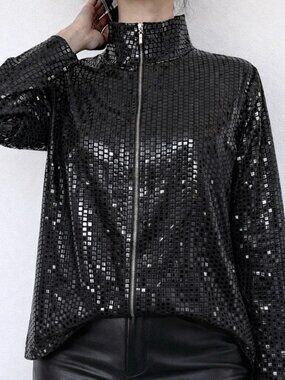 Misook Black Grid Sequin Zip Jacket